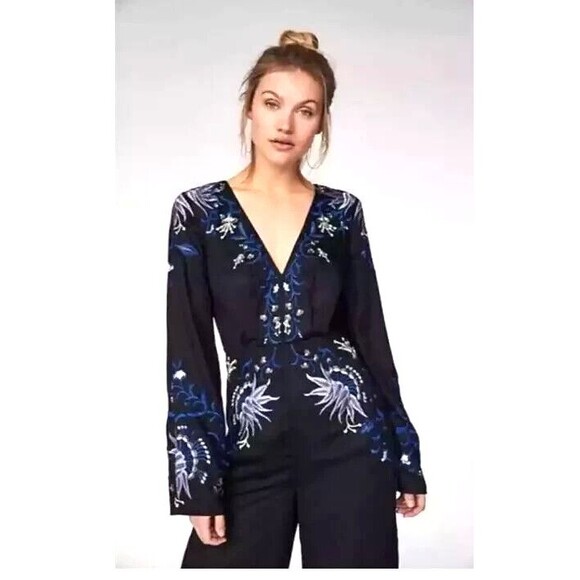 Free People Gypsy Rose Jumpsuit Floral Embroidered Black Size 4 Wide Leg NWT$350 - Picture 2 of 16